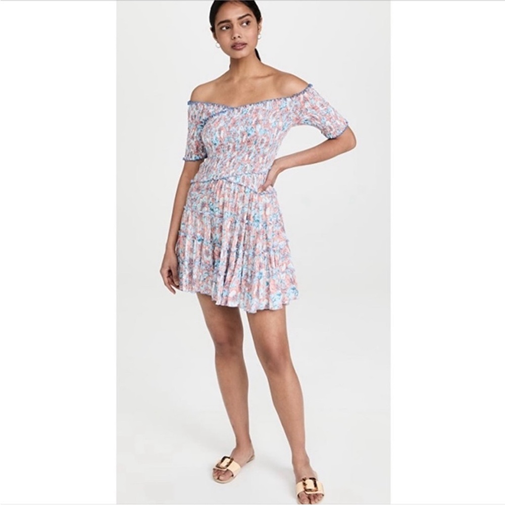 Poupette St Barth Off-Shoulder Floral Mini Dress in Pink and Blue